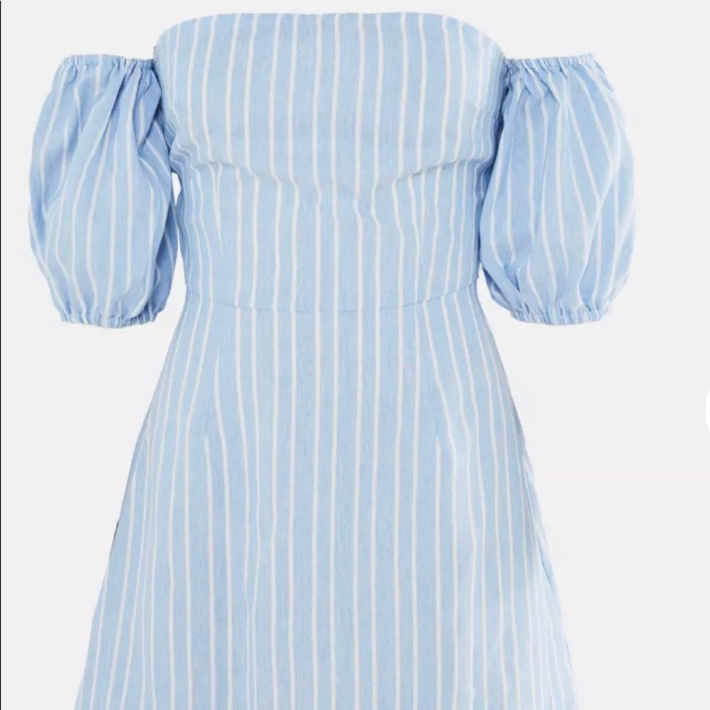 Missguided Light Blue and White Striped Off-Shoulder Puff Sleeve Dress